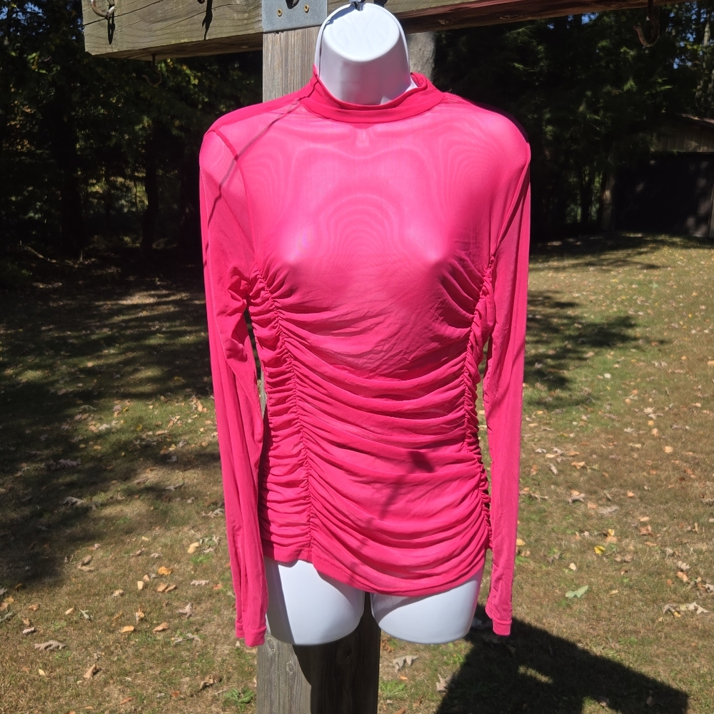 Pink- Long Sleeve- Sheer- Mesh- Ruched- Turtleneck Top- Size Medium- NWOT